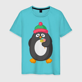 Мужская футболка хлопок с принтом Пингвин с мороженым в Курске, 100% хлопок | прямой крой, круглый вырез горловины, длина до линии бедер, слегка спущенное плечо. | Тематика изображения на принте: животные | милые животные | мороженое | пингвин | прикольные животные