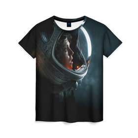 Женская футболка 3D с принтом Девушка космонавт в Курске, 100% полиэфир ( синтетическое хлопкоподобное полотно) | прямой крой, круглый вырез горловины, длина до линии бедер | alien | космос | рипли | скафандр | чужой