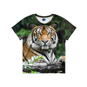 Детская футболка 3D с принтом Тигр в джунглях в Курске, 100% гипоаллергенный полиэфир | прямой крой, круглый вырез горловины, длина до линии бедер, чуть спущенное плечо, ткань немного тянется | Тематика изображения на принте: амурский | животные | зверь | киса | кот | котенок | кошка | тигр | хищник