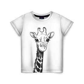 Детская футболка 3D с принтом Жираф в Курске, 100% гипоаллергенный полиэфир | прямой крой, круглый вырез горловины, длина до линии бедер, чуть спущенное плечо, ткань немного тянется | Тематика изображения на принте: арт | взгляд | глаза | животные | жираф | прикольные