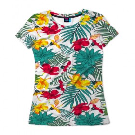 Женская футболка 3D с принтом Тропический узор в Курске, 100% полиэфир ( синтетическое хлопкоподобное полотно) | прямой крой, круглый вырез горловины, длина до линии бедер | flower | тропики | тропический p | цветочки | цветы