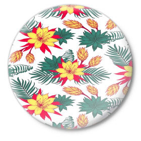 Значок с принтом Tropical Pattern в Курске,  металл | круглая форма, металлическая застежка в виде булавки | flower | поле | тропики | тропический | цветочки | цветы