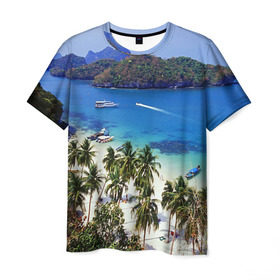 Мужская футболка 3D с принтом Таиланд в Курске, 100% полиэфир | прямой крой, круглый вырез горловины, длина до линии бедер | beach | clouds | islands | palm trees | people | sand | sea | ships | sky | thailand | tourism | корабли | люди | море | небо | облака | острова | пальмы | песок | пляж | таиланд | туризм