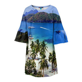 Детское платье 3D с принтом Таиланд в Курске, 100% полиэстер | прямой силуэт, чуть расширенный к низу. Круглая горловина, на рукавах — воланы | beach | clouds | islands | palm trees | people | sand | sea | ships | sky | thailand | tourism | корабли | люди | море | небо | облака | острова | пальмы | песок | пляж | таиланд | туризм