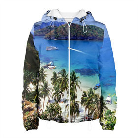 Женская куртка 3D с принтом Таиланд в Курске, ткань верха — 100% полиэстер, подклад — флис | прямой крой, подол и капюшон оформлены резинкой с фиксаторами, два кармана без застежек по бокам, один большой потайной карман на груди. Карман на груди застегивается на липучку | beach | clouds | islands | palm trees | people | sand | sea | ships | sky | thailand | tourism | корабли | люди | море | небо | облака | острова | пальмы | песок | пляж | таиланд | туризм