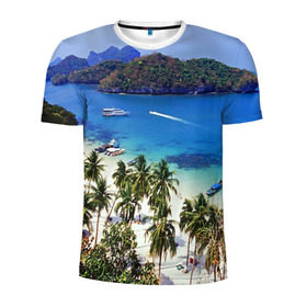 Мужская футболка 3D спортивная с принтом Таиланд в Курске, 100% полиэстер с улучшенными характеристиками | приталенный силуэт, круглая горловина, широкие плечи, сужается к линии бедра | Тематика изображения на принте: beach | clouds | islands | palm trees | people | sand | sea | ships | sky | thailand | tourism | корабли | люди | море | небо | облака | острова | пальмы | песок | пляж | таиланд | туризм