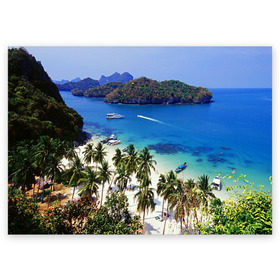 Поздравительная открытка с принтом Таиланд в Курске, 100% бумага | плотность бумаги 280 г/м2, матовая, на обратной стороне линовка и место для марки
 | beach | clouds | islands | palm trees | people | sand | sea | ships | sky | thailand | tourism | корабли | люди | море | небо | облака | острова | пальмы | песок | пляж | таиланд | туризм