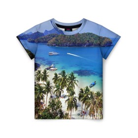 Детская футболка 3D с принтом Таиланд в Курске, 100% гипоаллергенный полиэфир | прямой крой, круглый вырез горловины, длина до линии бедер, чуть спущенное плечо, ткань немного тянется | beach | clouds | islands | palm trees | people | sand | sea | ships | sky | thailand | tourism | корабли | люди | море | небо | облака | острова | пальмы | песок | пляж | таиланд | туризм