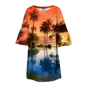 Детское платье 3D с принтом Таиланд в Курске, 100% полиэстер | прямой силуэт, чуть расширенный к низу. Круглая горловина, на рукавах — воланы | Тематика изображения на принте: beach | clouds | hiking | sea | sky | sunset | swimming pool | thailand | бассейн | закат | море | небо | облака | пляж | таиланд | туризм