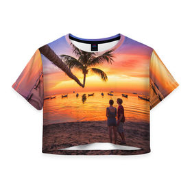 Женская футболка 3D укороченная с принтом Таиланд в Курске, 100% полиэстер | круглая горловина, длина футболки до линии талии, рукава с отворотами | beach | clouds | love | palm tree | people | sea | sky | sunset | thailand | tourism | закат | любовь | люди | море | небо | облака | пальма | пляж | таиланд | туризм