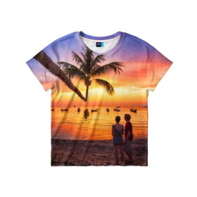 Детская футболка 3D с принтом Таиланд в Курске, 100% гипоаллергенный полиэфир | прямой крой, круглый вырез горловины, длина до линии бедер, чуть спущенное плечо, ткань немного тянется | beach | clouds | love | palm tree | people | sea | sky | sunset | thailand | tourism | закат | любовь | люди | море | небо | облака | пальма | пляж | таиланд | туризм