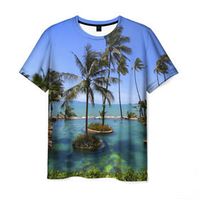Мужская футболка 3D с принтом Таиланд в Курске, 100% полиэфир | прямой крой, круглый вырез горловины, длина до линии бедер | clouds | hiking | sea | sky | swimming pool | thailand | trees | бассейн | море | небо | облака | пальмы | таиланд | туризм