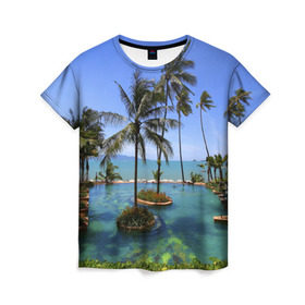Женская футболка 3D с принтом Таиланд в Курске, 100% полиэфир ( синтетическое хлопкоподобное полотно) | прямой крой, круглый вырез горловины, длина до линии бедер | Тематика изображения на принте: clouds | hiking | sea | sky | swimming pool | thailand | trees | бассейн | море | небо | облака | пальмы | таиланд | туризм