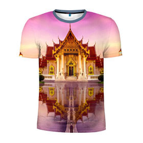 Мужская футболка 3D спортивная с принтом Таиланд в Курске, 100% полиэстер с улучшенными характеристиками | приталенный силуэт, круглая горловина, широкие плечи, сужается к линии бедра | Тематика изображения на принте: landmark | reflection | temple | thailand | tourism | water | вода | достопримечательность | отражение | таиланд | туризм | храм