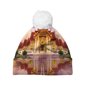 Шапка 3D c помпоном с принтом Таиланд в Курске, 100% полиэстер | универсальный размер, печать по всей поверхности изделия | landmark | reflection | temple | thailand | tourism | water | вода | достопримечательность | отражение | таиланд | туризм | храм