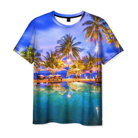 Мужская футболка 3D с принтом Таиланд в Курске, 100% полиэфир | прямой крой, круглый вырез горловины, длина до линии бедер | clouds | pool | reflection | sea | sky | sunset | thailand | tourism | trees | water | бассейн | вода | закат | море | небо | облака | отражение | пальмы | таиланд | туризм
