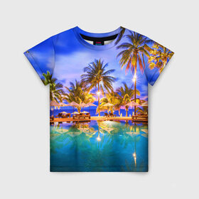 Детская футболка 3D с принтом Таиланд в Курске, 100% гипоаллергенный полиэфир | прямой крой, круглый вырез горловины, длина до линии бедер, чуть спущенное плечо, ткань немного тянется | clouds | pool | reflection | sea | sky | sunset | thailand | tourism | trees | water | бассейн | вода | закат | море | небо | облака | отражение | пальмы | таиланд | туризм