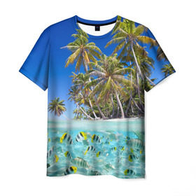 Мужская футболка 3D с принтом Таиланд в Курске, 100% полиэфир | прямой крой, круглый вырез горловины, длина до линии бедер | Тематика изображения на принте: clouds | fish | nature | palm trees | sea | sky | thailand | tourism | water | вода | море | небо | облака | пальмы | природа | рыбки | таиланд | туризм