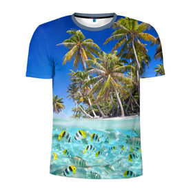 Мужская футболка 3D спортивная с принтом Таиланд в Курске, 100% полиэстер с улучшенными характеристиками | приталенный силуэт, круглая горловина, широкие плечи, сужается к линии бедра | Тематика изображения на принте: clouds | fish | nature | palm trees | sea | sky | thailand | tourism | water | вода | море | небо | облака | пальмы | природа | рыбки | таиланд | туризм