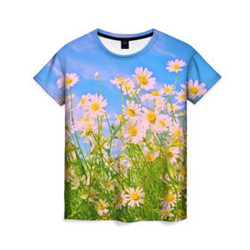 Женская футболка 3D с принтом Ромашка в Курске, 100% полиэфир ( синтетическое хлопкоподобное полотно) | прямой крой, круглый вырез горловины, длина до линии бедер | flower | лето | полевой цветок | цветочки | цветы