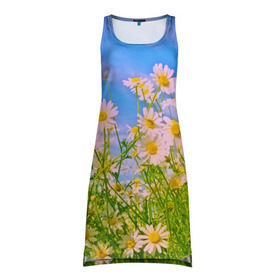 Платье-майка 3D с принтом Ромашка в Курске, 100% полиэстер | полуприлегающий силуэт, широкие бретели, круглый вырез горловины, удлиненный подол сзади. | flower | лето | полевой цветок | цветочки | цветы