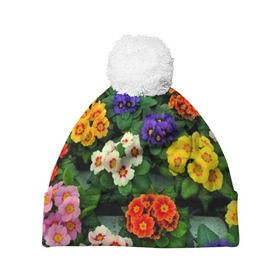 Шапка 3D c помпоном с принтом Фиалки в Курске, 100% полиэстер | универсальный размер, печать по всей поверхности изделия | flower | лето | поле | полевой цветок | цветочки | цветы