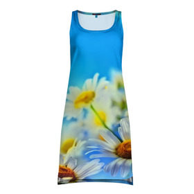 Платье-майка 3D с принтом Ромашка полевая в Курске, 100% полиэстер | полуприлегающий силуэт, широкие бретели, круглый вырез горловины, удлиненный подол сзади. | flower | лето | поле | полевой цветок | цветочки | цветы