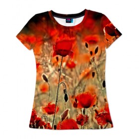 Женская футболка 3D с принтом Маковое поле в Курске, 100% полиэфир ( синтетическое хлопкоподобное полотно) | прямой крой, круглый вырез горловины, длина до линии бедер | flower | красные | лето | поле | полевой цветок | цветочки | цветы
