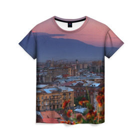 Женская футболка 3D с принтом Армения в Курске, 100% полиэфир ( синтетическое хлопкоподобное полотно) | прямой крой, круглый вырез горловины, длина до линии бедер | айастан | армения | город | горы | дома | ереван | закат | пейзаж | ромашки | столица | страна | флора | хайастан | цветы | эривань