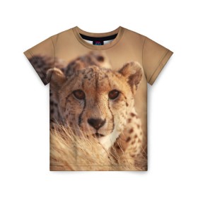 Детская футболка 3D с принтом Гепард в Курске, 100% гипоаллергенный полиэфир | прямой крой, круглый вырез горловины, длина до линии бедер, чуть спущенное плечо, ткань немного тянется | Тематика изображения на принте: амурский | гепард | животные | зверь | киса | кот | котенок | кошка | лев | леопард | пума | рысь | серый | тигр | тигренок | хищник