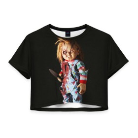 Женская футболка 3D укороченная с принтом Чаки в Курске, 100% полиэстер | круглая горловина, длина футболки до линии талии, рукава с отворотами | chucky | кино | кровь | кукла | нож | ужасы | чаки