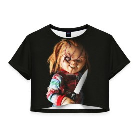 Женская футболка 3D укороченная с принтом Чаки в Курске, 100% полиэстер | круглая горловина, длина футболки до линии талии, рукава с отворотами | chucky | кино | кровь | кукла | нож | ужасы | чаки