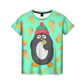 Женская футболка 3D с принтом Пингвин с мороженым в Курске, 100% полиэфир ( синтетическое хлопкоподобное полотно) | прямой крой, круглый вырез горловины, длина до линии бедер | животные | милые животные | мороженое | пингвин | прикольные животные