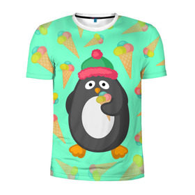 Мужская футболка 3D спортивная с принтом Пингвин с мороженым в Курске, 100% полиэстер с улучшенными характеристиками | приталенный силуэт, круглая горловина, широкие плечи, сужается к линии бедра | животные | милые животные | мороженое | пингвин | прикольные животные
