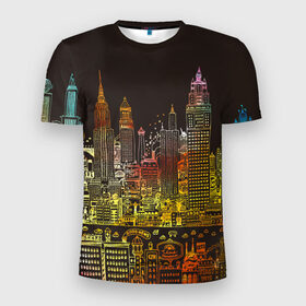 Мужская футболка 3D спортивная с принтом Мегапполис в Курске, 100% полиэстер с улучшенными характеристиками | приталенный силуэт, круглая горловина, широкие плечи, сужается к линии бедра | advertising | art | city | drawing | metropolis | night | painting | skyscrapers | город | искусство | картина | мегаполис | ночь | реклама | рисунок