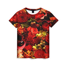 Женская футболка 3D с принтом Букет цветов в Курске, 100% полиэфир ( синтетическое хлопкоподобное полотно) | прямой крой, круглый вырез горловины, длина до линии бедер | flower | красные | розы | цветочки | цветы