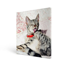 Холст квадратный с принтом Кошка в Курске, 100% ПВХ |  | cat | collar | heel | licking | lying | red | striped | кошка | красный | лежит | лижет | ошейник | полосатая | пятка