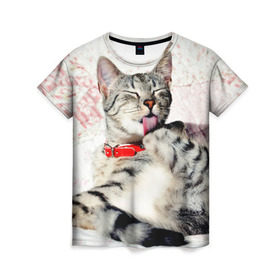 Женская футболка 3D с принтом Кошка в Курске, 100% полиэфир ( синтетическое хлопкоподобное полотно) | прямой крой, круглый вырез горловины, длина до линии бедер | cat | collar | heel | licking | lying | red | striped | кошка | красный | лежит | лижет | ошейник | полосатая | пятка