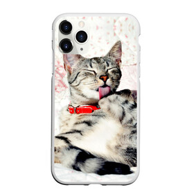 Чехол для iPhone 11 Pro матовый с принтом Кошка в Курске, Силикон |  | cat | collar | heel | licking | lying | red | striped | кошка | красный | лежит | лижет | ошейник | полосатая | пятка