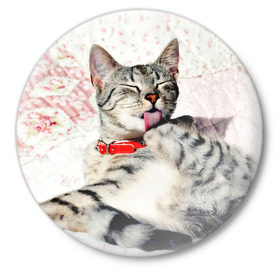 Значок с принтом Кошка в Курске,  металл | круглая форма, металлическая застежка в виде булавки | cat | collar | heel | licking | lying | red | striped | кошка | красный | лежит | лижет | ошейник | полосатая | пятка