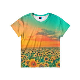 Детская футболка 3D с принтом Подсолнух в Курске, 100% гипоаллергенный полиэфир | прямой крой, круглый вырез горловины, длина до линии бедер, чуть спущенное плечо, ткань немного тянется | flower | лето | поле | полевой цветок | природа | цветочки | цветы