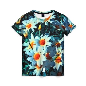 Женская футболка 3D с принтом Полевые ромашки в Курске, 100% полиэфир ( синтетическое хлопкоподобное полотно) | прямой крой, круглый вырез горловины, длина до линии бедер | flower | лето | полевой цветок | цветочки | цветы