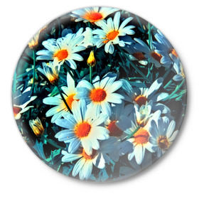 Значок с принтом Полевые ромашки в Курске,  металл | круглая форма, металлическая застежка в виде булавки | flower | лето | полевой цветок | цветочки | цветы