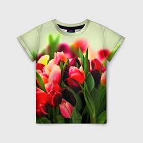 Детская футболка 3D с принтом Букет тюльпанов в Курске, 100% гипоаллергенный полиэфир | прямой крой, круглый вырез горловины, длина до линии бедер, чуть спущенное плечо, ткань немного тянется | flower | весна | цветочки | цветы