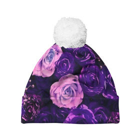 Шапка 3D c помпоном с принтом Фиолетовые розы в Курске, 100% полиэстер | универсальный размер, печать по всей поверхности изделия | flower | прикцветочки | розы | цветы
