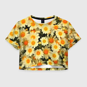 Женская футболка 3D укороченная с принтом Жёлтые цветочки в Курске, 100% полиэстер | круглая горловина, длина футболки до линии талии, рукава с отворотами | flower | лето | полевой цветок | цветочки | цветы