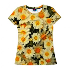 Женская футболка 3D с принтом Жёлтые цветочки в Курске, 100% полиэфир ( синтетическое хлопкоподобное полотно) | прямой крой, круглый вырез горловины, длина до линии бедер | flower | лето | полевой цветок | цветочки | цветы