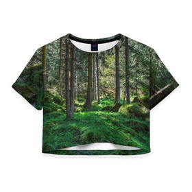 Женская футболка 3D укороченная с принтом Темный лес в Курске, 100% полиэстер | круглая горловина, длина футболки до линии талии, рукава с отворотами | бор | деревья | ель | ельник | заповедник | камни | красивый | лес | лето | мох | мрачный | прекрасный | природа | флора | чудесный