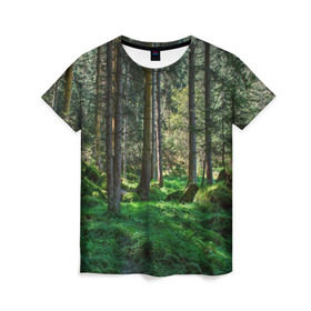 Женская футболка 3D с принтом Темный лес в Курске, 100% полиэфир ( синтетическое хлопкоподобное полотно) | прямой крой, круглый вырез горловины, длина до линии бедер | бор | деревья | ель | ельник | заповедник | камни | красивый | лес | лето | мох | мрачный | прекрасный | природа | флора | чудесный