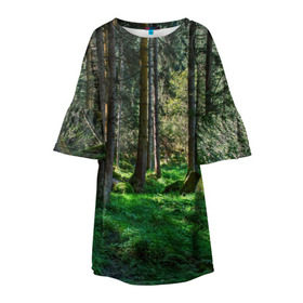 Детское платье 3D с принтом Темный лес в Курске, 100% полиэстер | прямой силуэт, чуть расширенный к низу. Круглая горловина, на рукавах — воланы | бор | деревья | ель | ельник | заповедник | камни | красивый | лес | лето | мох | мрачный | прекрасный | природа | флора | чудесный